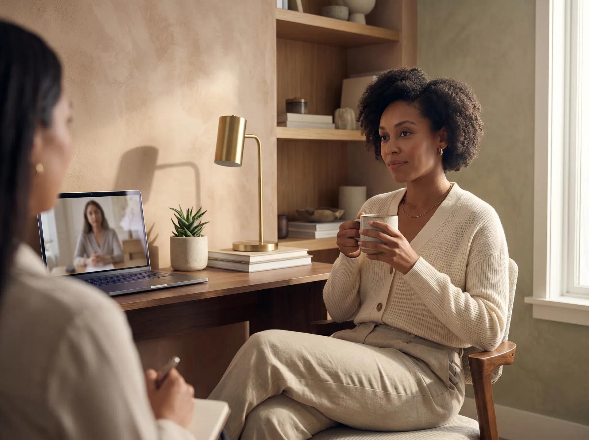 Comfortable private telehealth therapy session from home